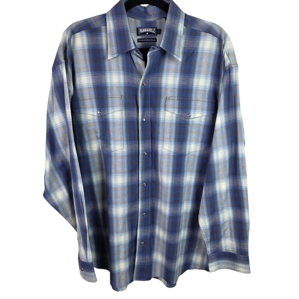Panhandle Slim Western Shirt Mens L Blue Plaid Excellent Pearl Snap Cotton
